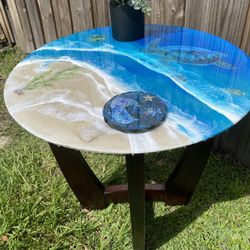 Round Glass Top Side Table Resin Ocean Scene 