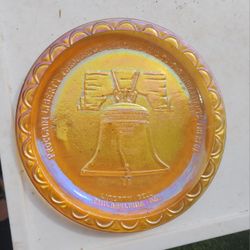 Vtg Indiana Glass Liberty Bell Glass Plate...Gold Carnival Glass..8" IRIDESCENT!