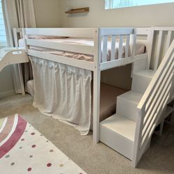 Solid Wood Loft Bed With Slide (Twin) (White)
