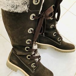 Timberland Lace Up Boots Real Leather With Faux Fur Trim