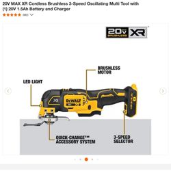 DEWALT 20V MAX XR Cordless Brushless 3-Speed Oscillating Multi Tool with (1) 20V 1.5Ah Battery and Charger