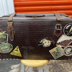 1930’s Belted Suitcase With Travel Stickers