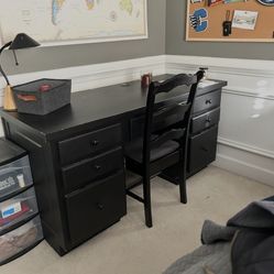 Large All- Wood Desk And Chair - Custom Built Strong Wood Desk Top With 7 Drawers And Computer Cable Cut Out