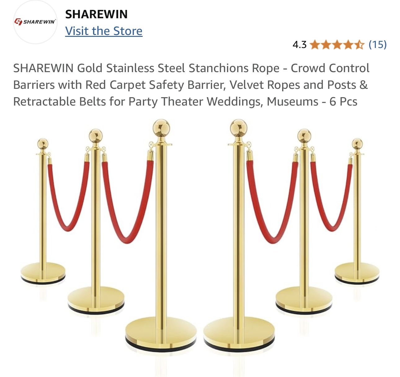$80 Brand New RED SHAREWIN Gold Stainless Steel Stanchions Rope - Crowd Control Barriers with Red Carpet Safety Barrier, Velvet Ropes and Posts & Retr