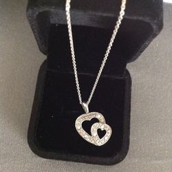 Sterling Double Heart Necklace with Diamonds, 18” Chain