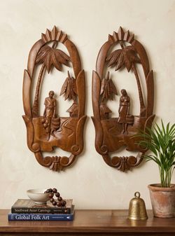 Pair Carved Wood Tropical Wall Hangings