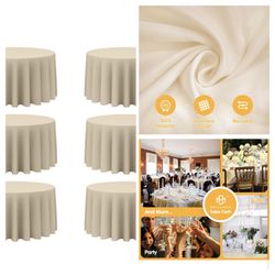 6 Pack Beige Round Tablecloths 120 Inch - Circle Bulk Linen Polyester Fabric Washable Table Cloth Cover for Wedding Reception Banquet Birthday Party B