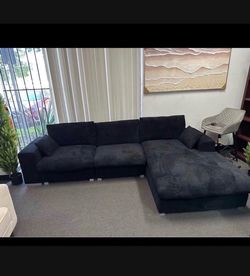 New 113" Black Corduroy Fabric Sectional Sofa L-Shape Sofa