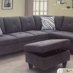 Modern Style Grey Linen Sectional Couch And Ottoman