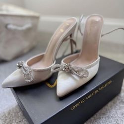 White satin rhinestone ankle strap pointed heels