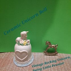 Vintage Rocking Unicorn, Swing Little Pewster Figurine & Ceramic Bell-$12.00