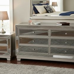 Z Gallerie Omni Mirrored 6 Drawer Dresser + 2 Nightstand s- Glam Bedroom Set-OBO