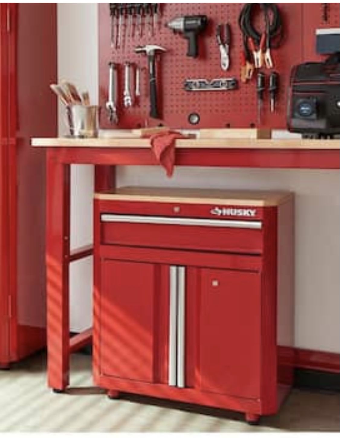 BRAND NEW!!! Husky 6 ft. Adjustable Height Solid Wood Top Workbench in Red for Ready to Assemble Steel Garage Storage System