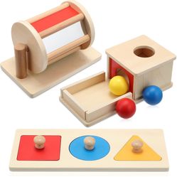 Sratte 3 Pcs Wooden Baby Toys Set, Object Permanence Box, Rainbow Drum, Colorful Multiple Shape Puzzles Toys, Preschool Toys Set for 6-12 Month Infant