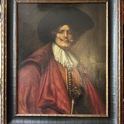Antique oil painting “The Mysterious Messenger in Red”.