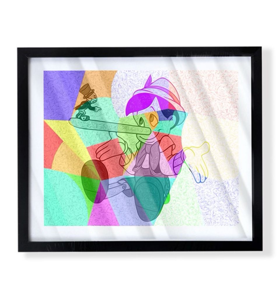 Custom art piece of Disney’s Pinocchio on black frame