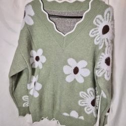 Mint Green Sweater w/ Daisy Accents L