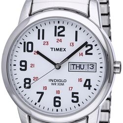 Timex Men's Easy Reader 35mm Day-Date Watch – Silver-Tone Case White Dial with Silver-Tone Expansion Band