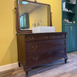 Custom Solid Wood Bathroom Vanity – Epoxy Top & Vessel Sink – Vintage Dresser Conversion