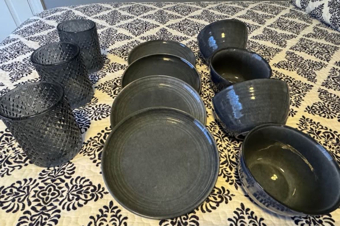 New Blue Stoneware 8” Plates (4) Bowls (4) And 3 Glass Candle Holders