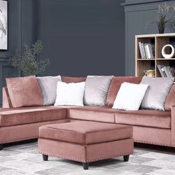  Cyndia Pink Velvet Reversible Sectional (Couch Sofa Loveseat Options 