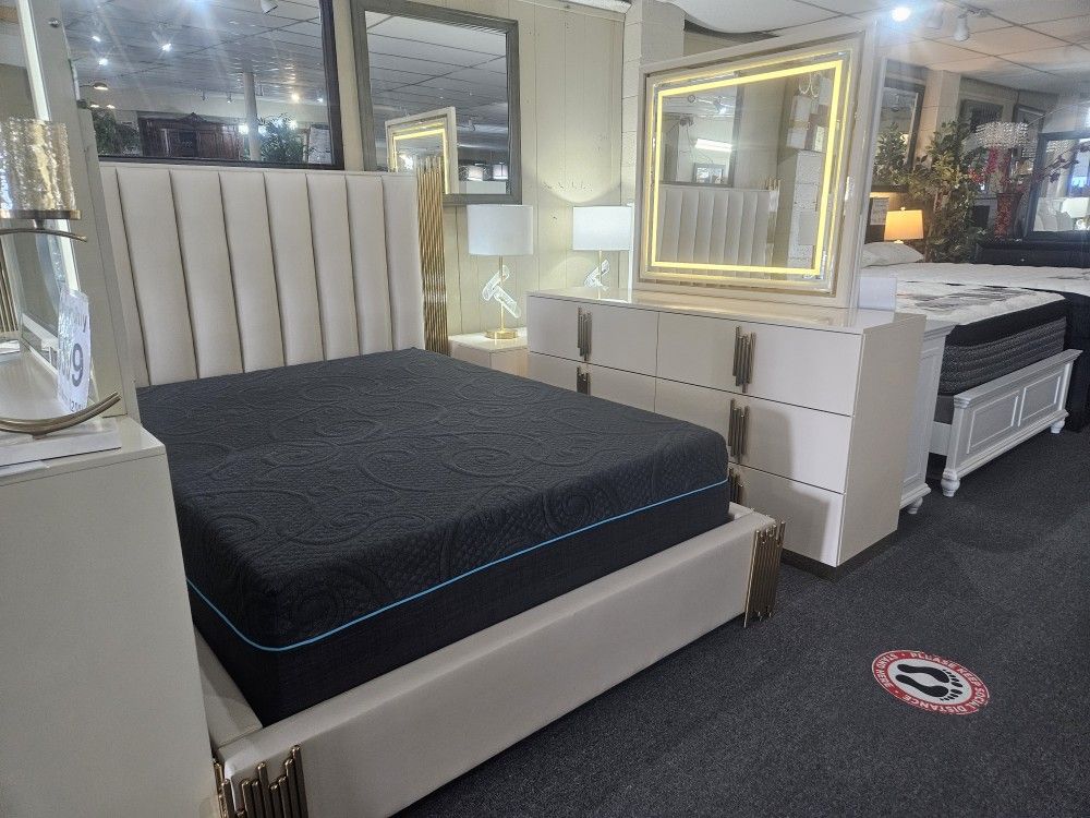 Brand New Cream Modern King Bedframe + Dresser With Multi-Color LED Mirror + Nighstand 4PCs Bedroom Set