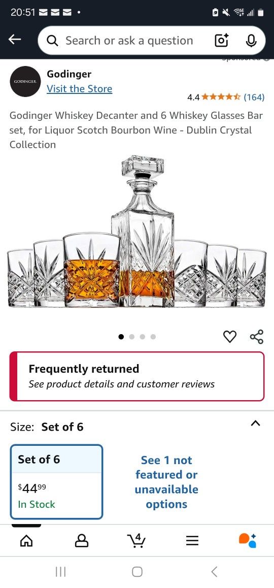Godinger Whiskey Decanter and 6 Whiskey Glasses Bar set, for Liquor Scotch Bourbon Wine - Dublin Crystal Collection