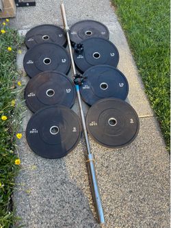 kg Bumper weights 2x20, 2x15, 2x10 and 2x5 kg (220 lbs total weight)  with 7ft 45lb barbell and collar locks included