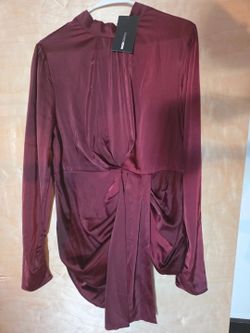 Fashion Nova Burgundy Satin Ruched Mini Dress – Long Sleeve