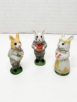 Vintage Mini Ceramic Anthropomorphic Wedding Groomsman, Minister, and Bride Rabbit Figurines