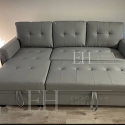 Grey Faux Leather Sofa Sleeper Sectional With Storage 