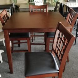 Brand New Brown Counter High Dining Table (42"×42"×36"H) + 4 Brown Faux Leather Chairs