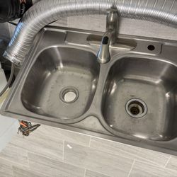 Double bowl stainless steel kitchen sink with faucet and garbage disposal