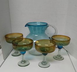 Handblown Glass Pitcher w/ 4 Margarita Glasses