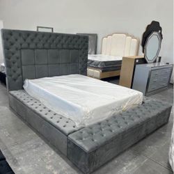 (NEW IN BOX) Queen Size Grey Platform/Storage Bed Frame with Bluetooth Finance $54 Down Pmt