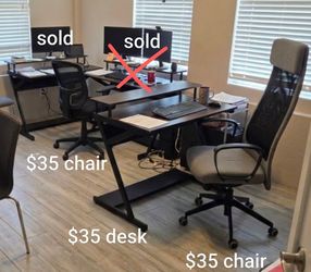 Office Desks and Chairs - Black Computer Desk with Monitor Riser, Rolling Office Chairs