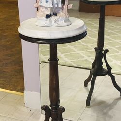 VICTORIAN 19 CENTURY 30 Inch ROUND WHITE STATUARIO MARBLE of CARRARA CARVED WOODEN PEDESTAL with HIDDEN EAGLE PAINTING under MARBLE TOP