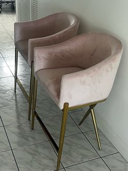 Pink Velvet Bar Stools with Gold Legs – Set of 2