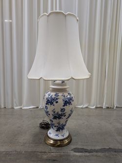 Blue and White Floral Porcelain Table Lamp with Scalloped Shade