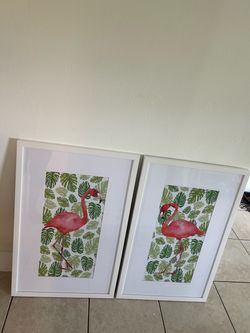 2 Tropical Flamingo White Framed Glass Wall Art Prints 21.5" x 33.5" Coastal