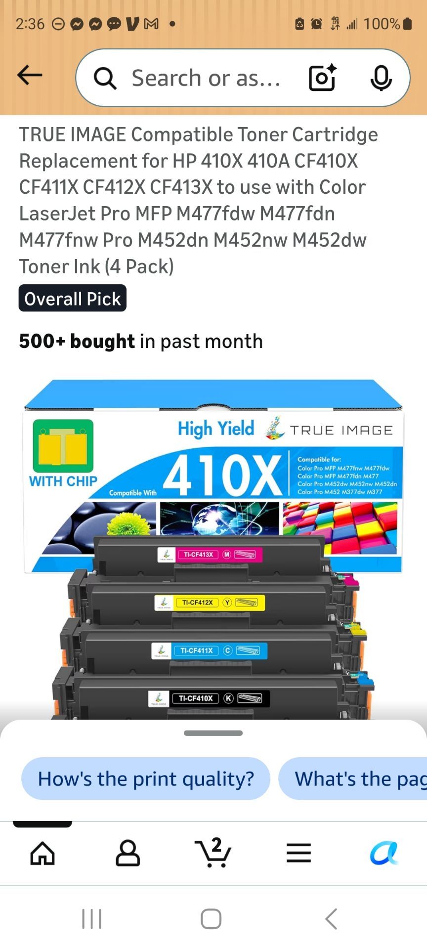 TRUE IMAGE Toner Cartridge
Replacement for HP 410X 410A CF410X
CF411X CF412X CF413X to use with Color
LaserJet Pro MFP M477fdw M477fdn
M477