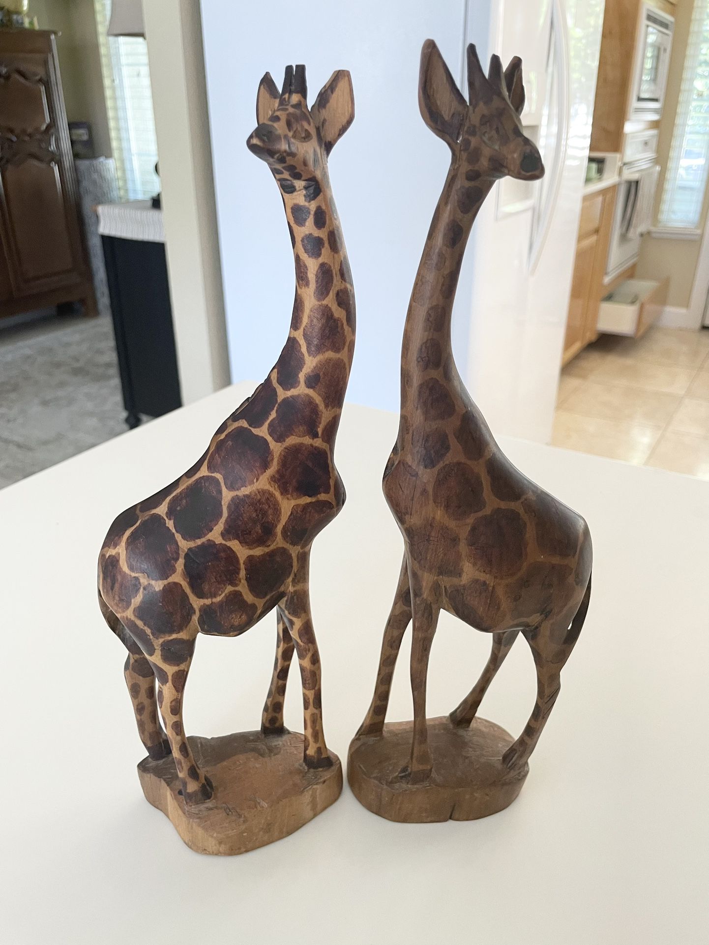 12" Tall Wood Giraffe Pair Hand Carved Wooden Giraffes Set of 2