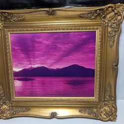 25x29 Ornate Gold Frame with Purple Mountain Lake Landscape Art Print

