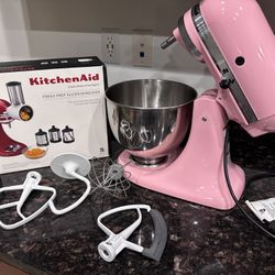 KitchenAid Artisan Mixer (Pink) + Attachments + NEW Slicer/Shredder