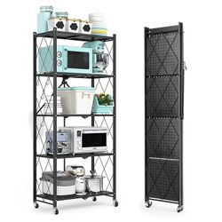 COOKCOK 5-Tier Storage Shelving Unit, Metal Shelf 27.9"x13.4"x62.5, Foldable Storage Shelf with Wheels, Garage Shelf, Metal Storage Rack, Kitchen Shel