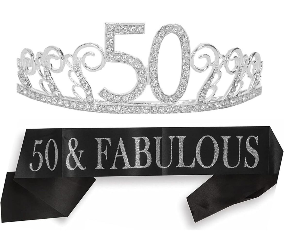 *NEW* 50th Birthday Sash and Tiara for Women - Fabulous Glitter Sash + Waves Rhinestone Silver Premium Metal Tiara for Her