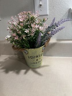 Flowers & Garden Metal Bucket with Faux Flowers