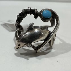 VINTAGE DESIGNER SIGNED TED OTT STERLING SILVER DOLPHIN HEART TURQUOISE RING ! SIZE  8 1/2