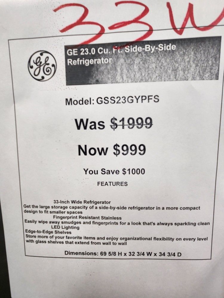 GE 23.0 Cu. Side By SideRefrigerator