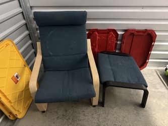 IKEA POÄNG Armchair + Ottoman — Birch Veneer Frame, Dark Blue Cushions
